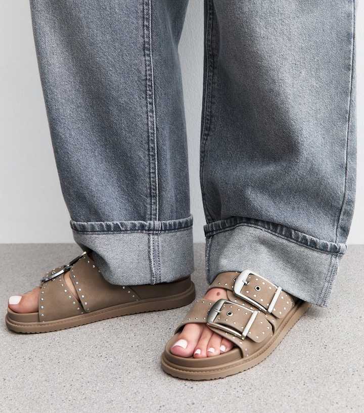 Light Brown Faux Suede Studded Sandals | New Look