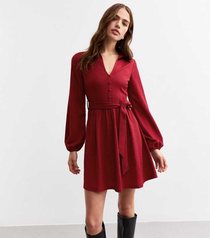 Burgundy Crinkled Long Sleeve Mini Dress | New Look