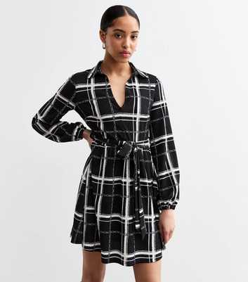 Black Crinkled Jersey Checked Mini Shirt Dress