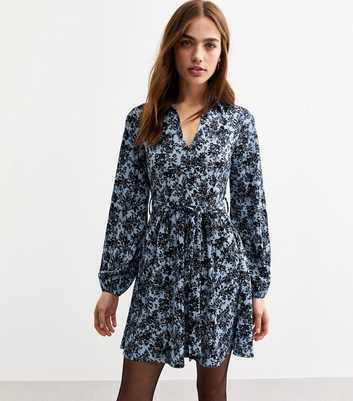 Blue Floral Print Mini Shirt Dress