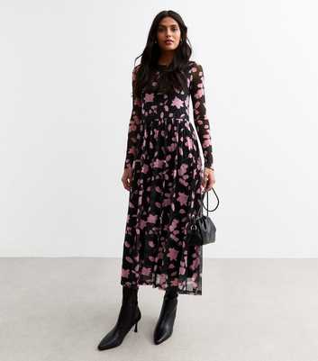 Black Floral Print Long Sleeve Mesh Midi Dress