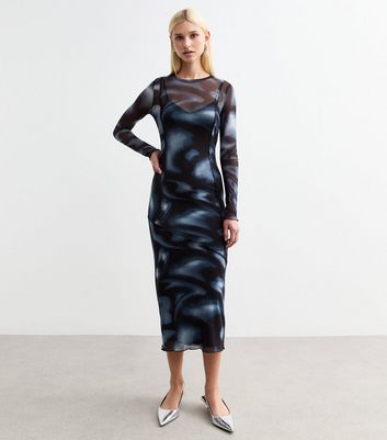 Blue Blur Print Exposed Seam Mesh Midi Dress | New Look