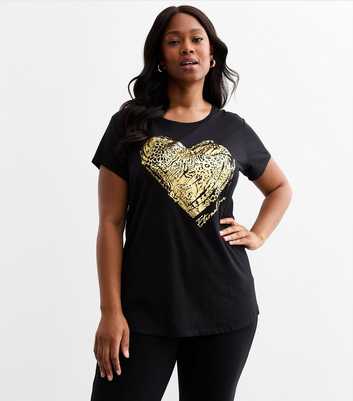 Curves Black Foiled Heart Jersey T-Shirt