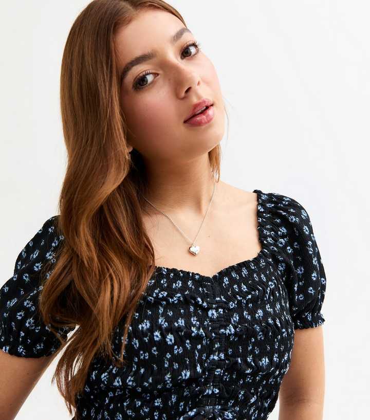 Girls Black Floral Print Ruched Crop Top