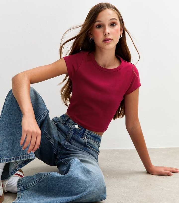Girls Dark Burgundy Short Sleeve Baby Tee Top