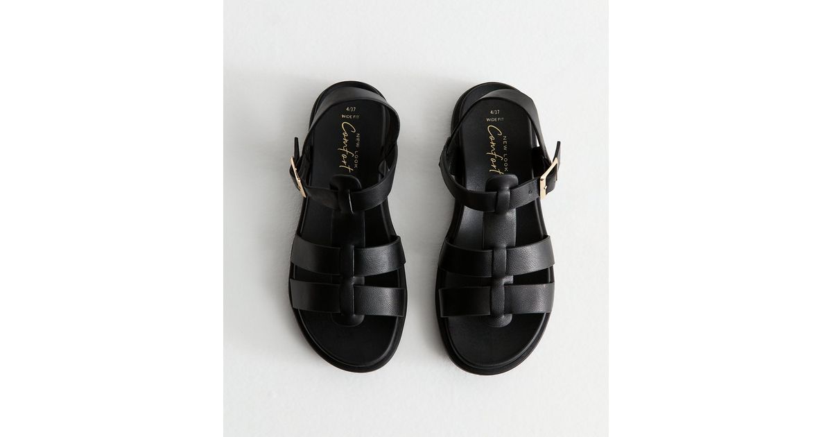 Wide Fit Black Multi Strap Faux Leather Sandals | New Look