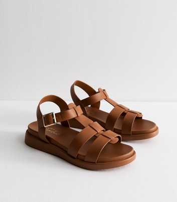 Wide Fit Tan Multi Strap Faux Leather Sandals 