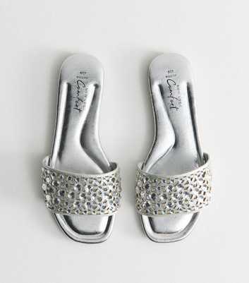 Wide Fit Silver Faux Leather Diamante Embellished Sandals