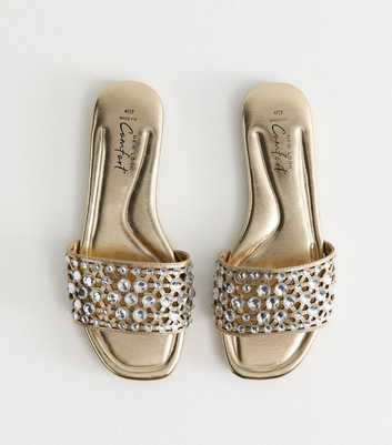 Wide Fit Gold Faux Leather Diamante Embellished Sandals