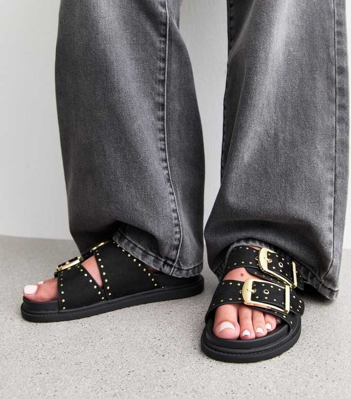 Black Faux Leather Studded Buckled Strap Sandals