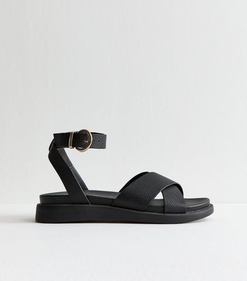 Wide Fit Black Faux Leather Crossover Strap Sandals | New Look