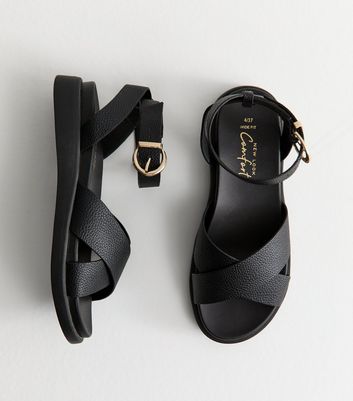 Wide Fit Black Faux Leather Crossover Strap Sandals | New Look