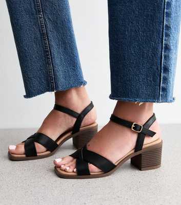 Black Faux Leather Block Heel Sandals