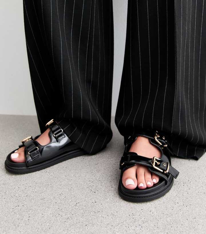 Wide Fit Black Faux Leather Buckled Strap Sandals