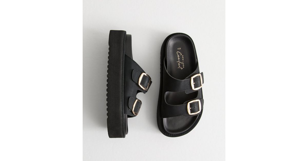 Black Faux Leather Flatform Sandals New Look