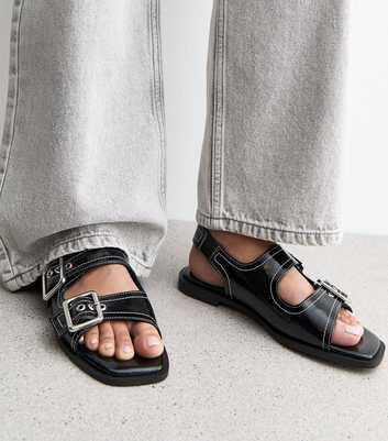 Black Faux Leather Contrast Stitch Slingback Sandals