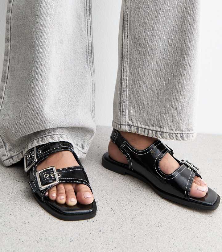 Black Faux Leather Contrast Stitch Slingback Sandals