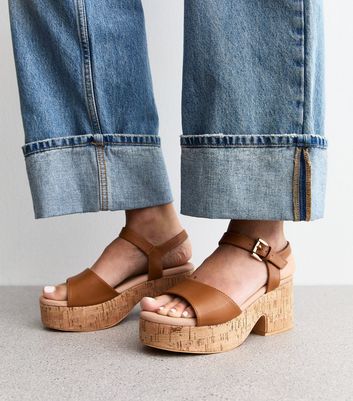 Wide Fit Tan Brown Raffia Platform Sole Sandals