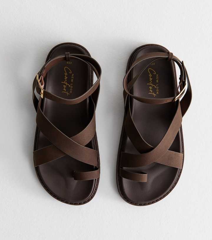 Brown Faux Leather Crossover Strap Sandals