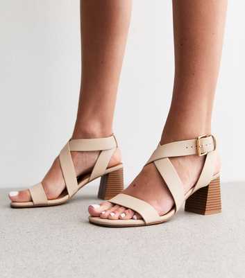 Wide Fit Off White Faux Leather Crossover Strap Heeled Sandals