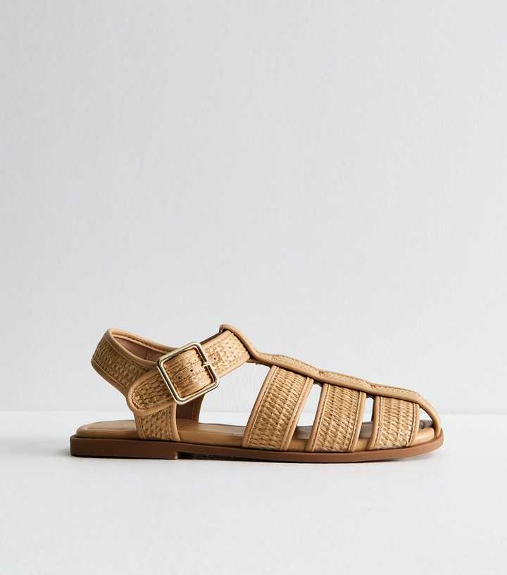 Brown Raffia Look Caged Strap Sandals