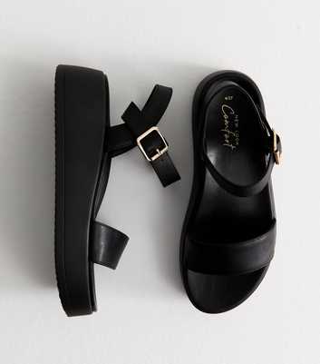 Black Grained Faux Leather Flatform Sandals