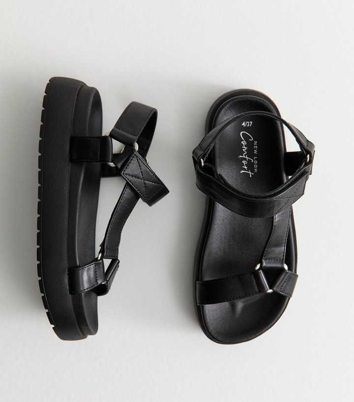 Black Faux Leather Harness Strap Platform Sandals