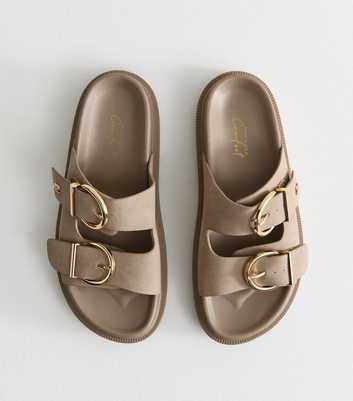 Wide Fit Brown Faux Leather Buckle Strap Sandals