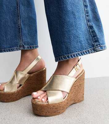 Gold Faux Leather Cork Wedge Sandals