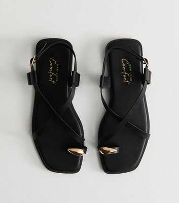 Black Crossover Strap Faux Leather Sandals