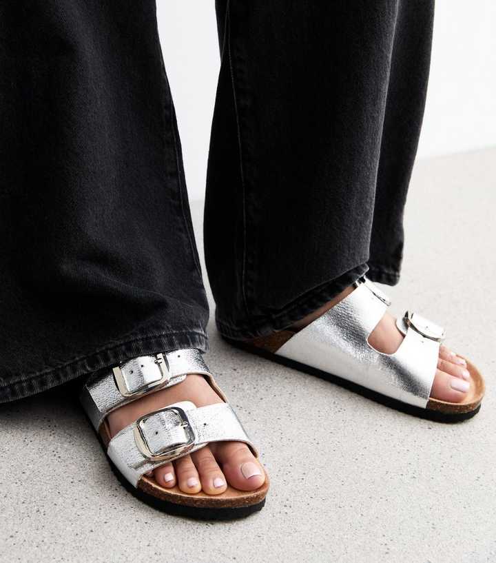 Silver Metallic Faux Leather Bucked Strap Sandals