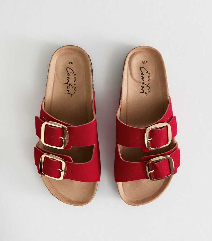 Red Faux Suede Buckled Strap Sandals
