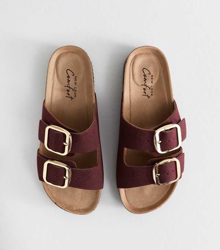 Burgundy Faux Suede Buckled Strap Sandals