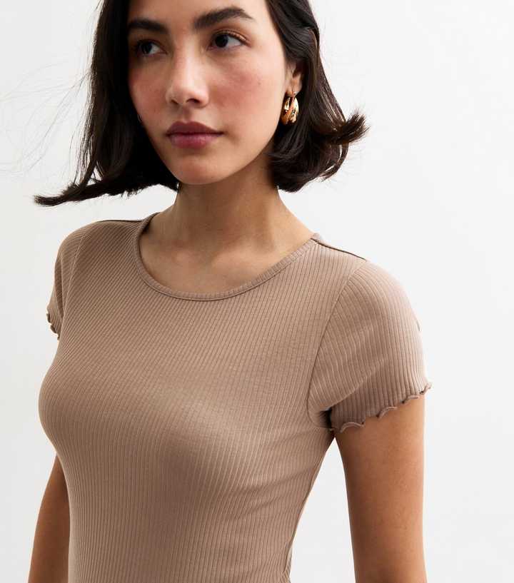 Light Brown Ribbed Lettuce Trim T-Shirt