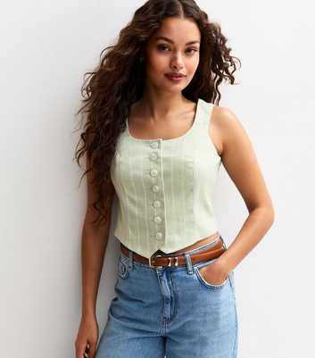 Petite Green Striped Button Front Scoop Neck Waistcoat