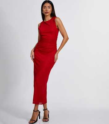 QUIZ Red Glitter Ruched Midi Dress