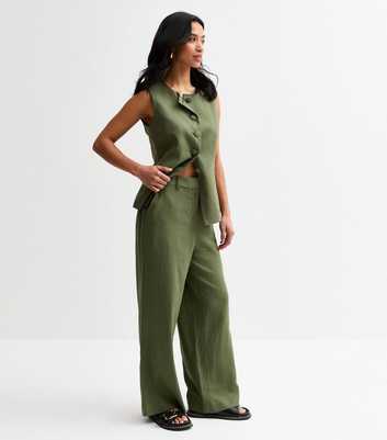 Petite Khaki Compact Linen Wide Leg Trousers