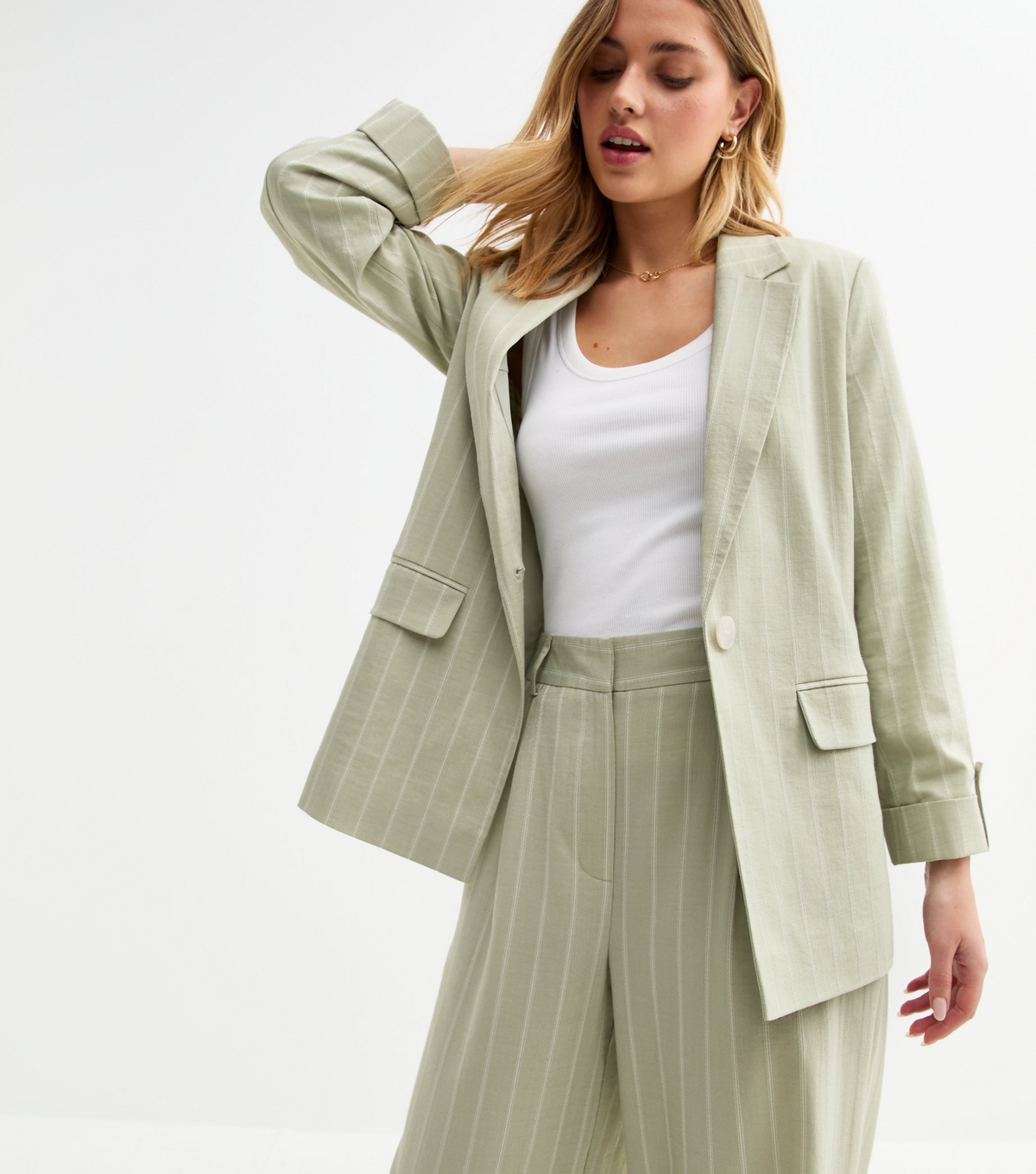 Women's Light Green Linen Look Striped Blazer New Look