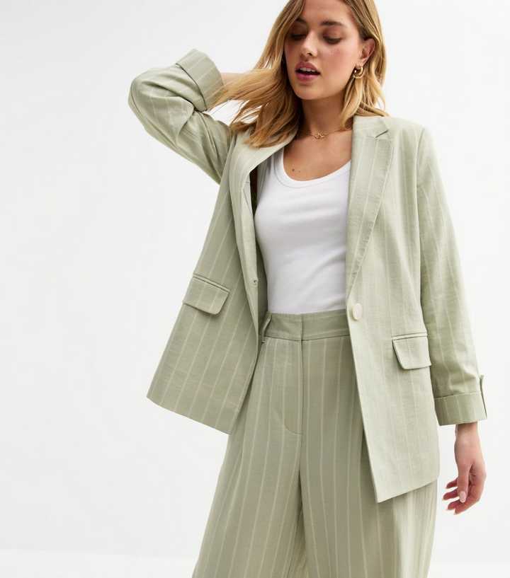 Light Green Linen Look Striped Blazer