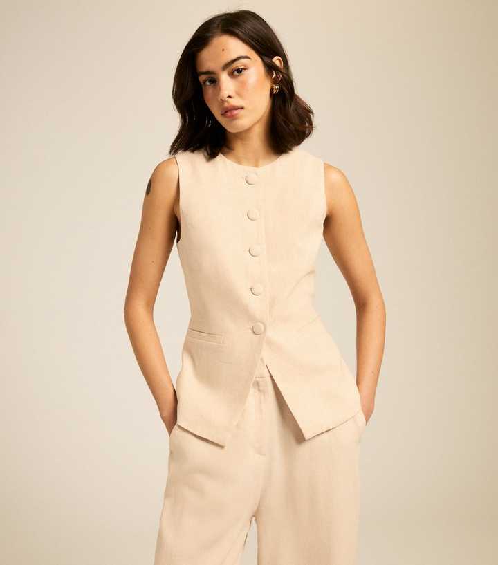 Cream Crew Neck Linen Blend Waistcoat