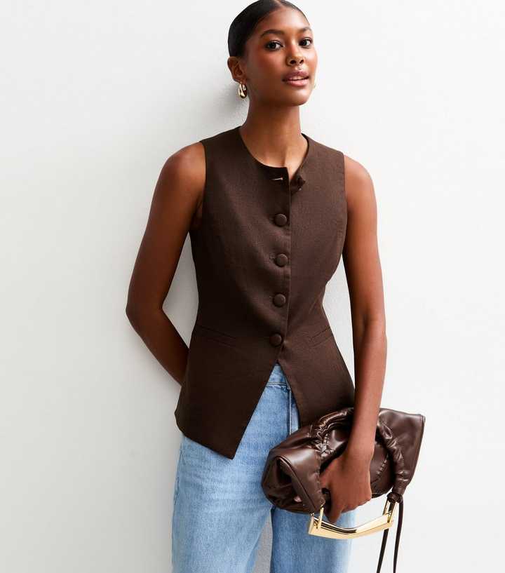 Brown Crew Neck Linen Blend Waistcoat