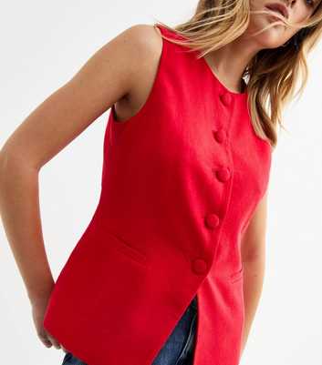 Red Crew Neck Linen Blend Waistcoat