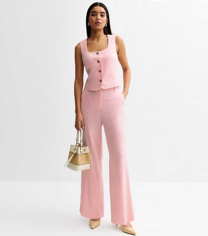 Pink Linen Blend Wide Leg Trousers