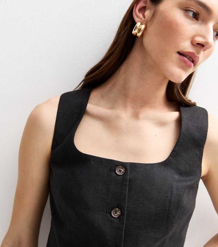 Black Linen Blend Square Neck Waistcoat