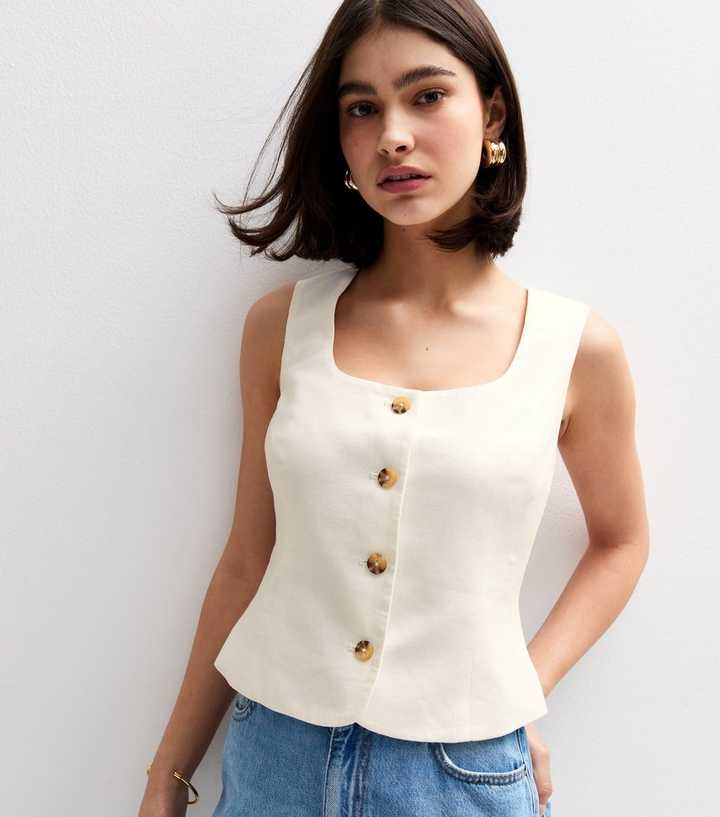 Cream Linen Blend Square Neck Waistcoat