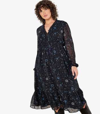 Apricot Curves Blue Constellation Print Chiffon Dress