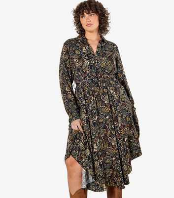 Apricot Curves Black Paisley Forest Print Shirt Dress