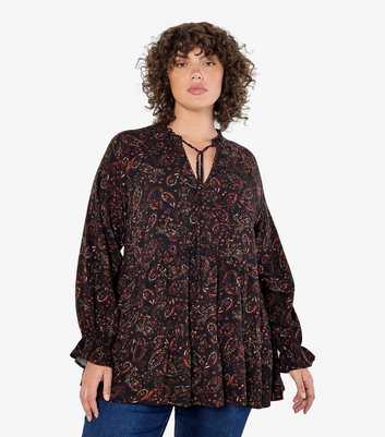 Apricot Black Painterly Paisley Print Smock Top