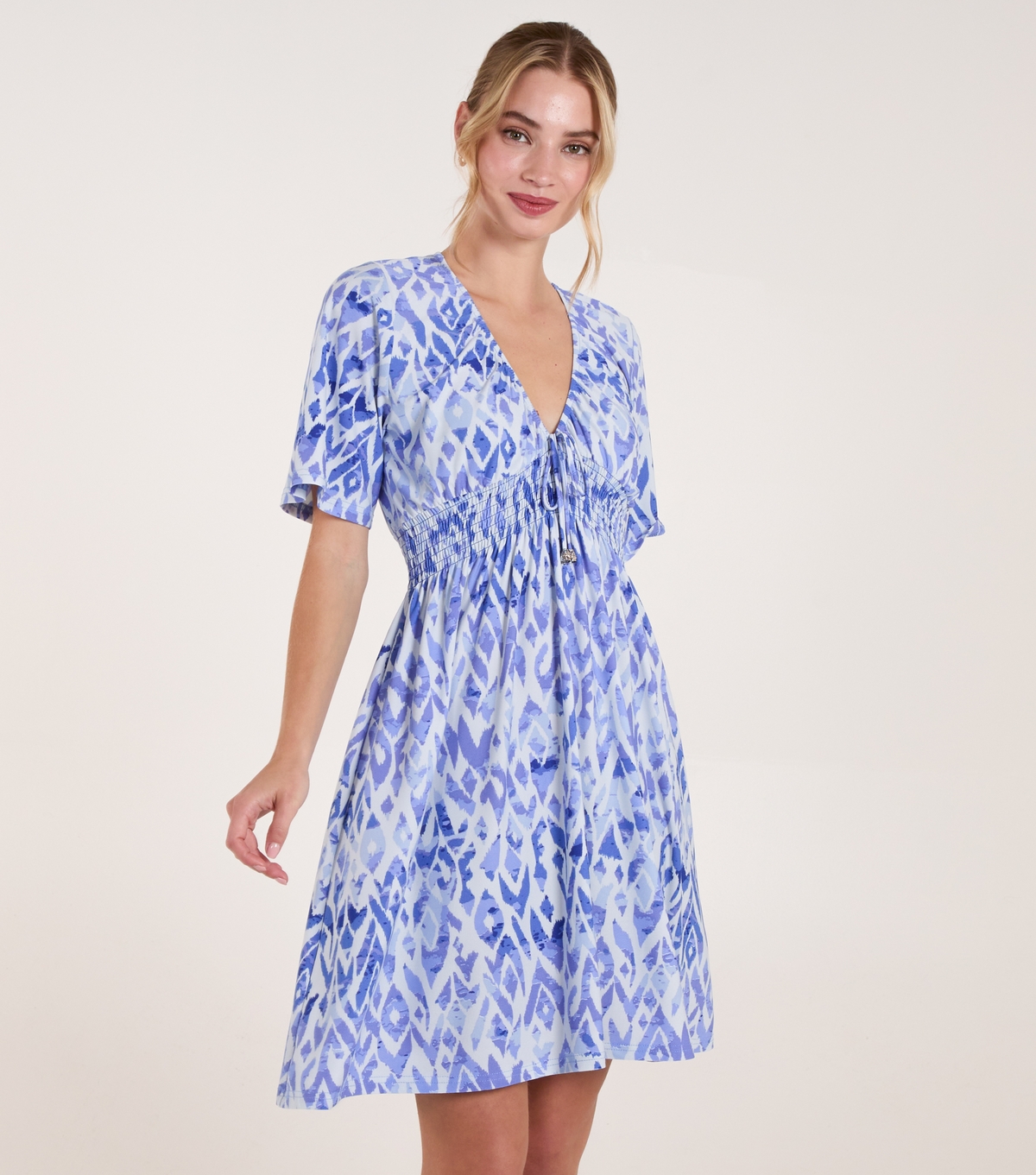 Women's Blue Shirred V-Neck Mini Dress Blue Vanilla New Look