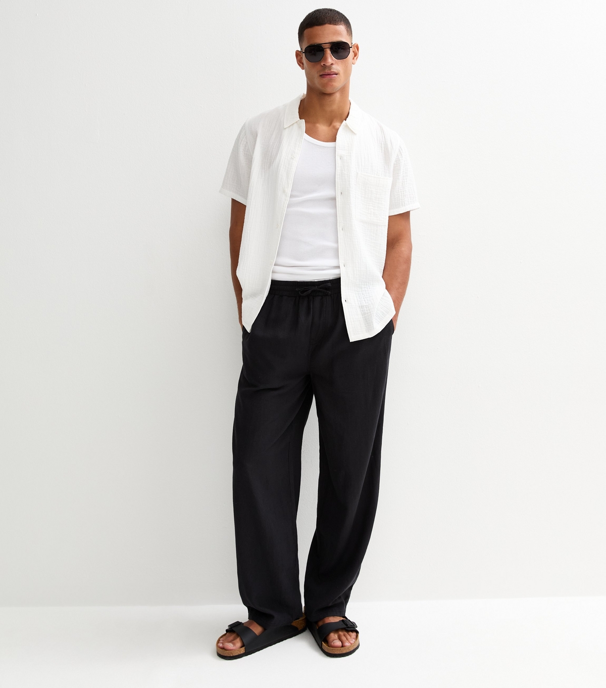 Men's Black Relaxed Linen Blend Wide Leg Trousers New Look